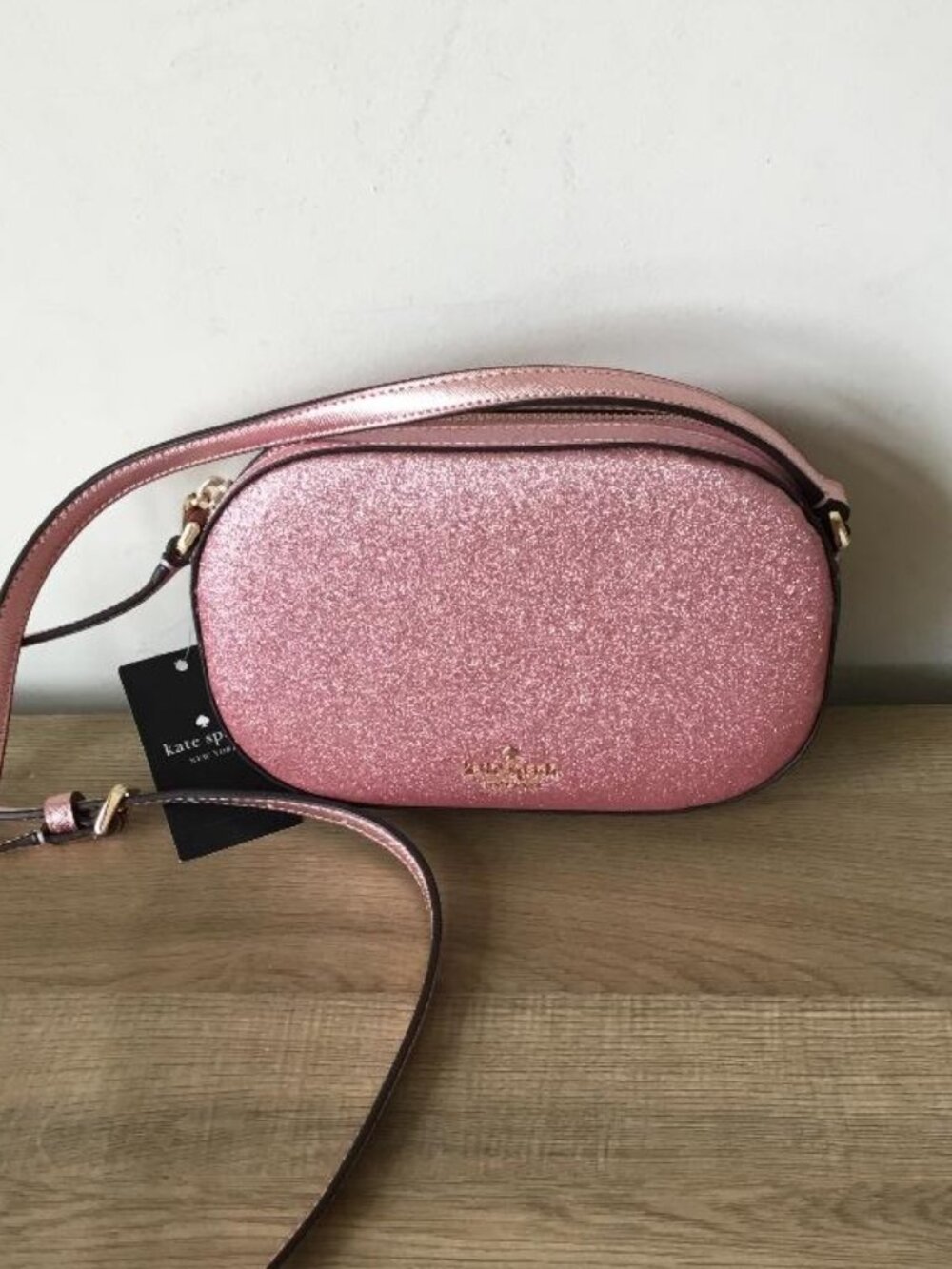 Kate Spade New York Mitten Pink Glimmer Oval Camera Bag Sparkling NWT $299